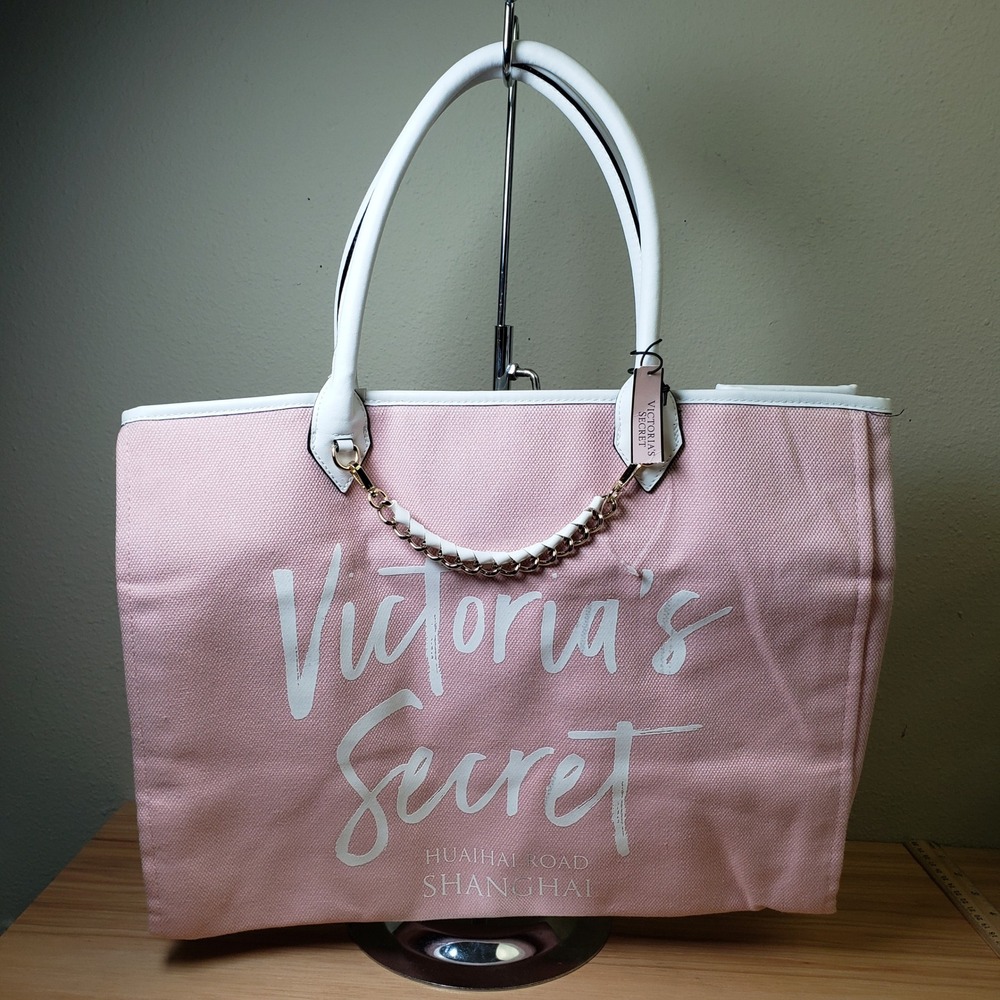 Victoria's Secret Shanghai Fashion Show Tote Bag Pastel Pink Canvas Chain Accent